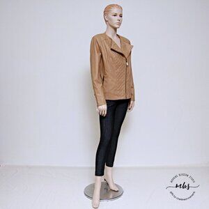 NWOT Belle Gray By Lisa Rinna Faux Leather Quilted Moto Jacket Tan Women M